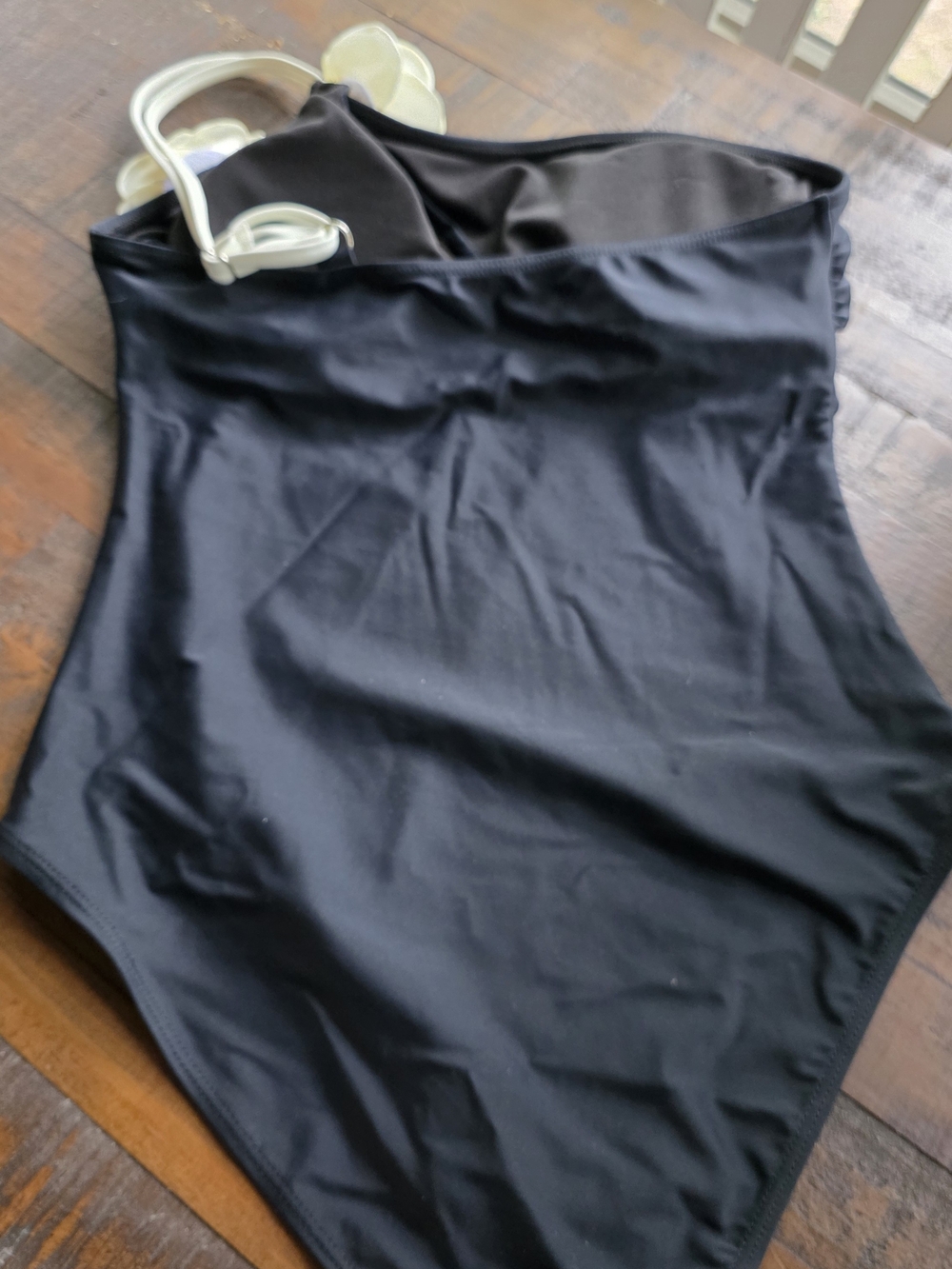 Black One-Piece Swimsuit with Cream Floral Accent - Picture 3 of 5